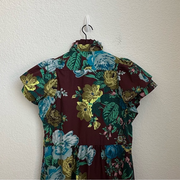 Tuckernuck Women Cotton Oxblood Blue Floral Alice Ruffled Collared Dress Size S - Picture 9 of 14